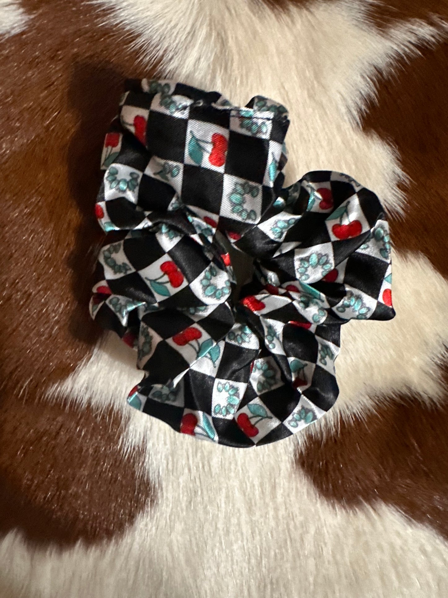 Cherry turquoise stone checkered scrunchie