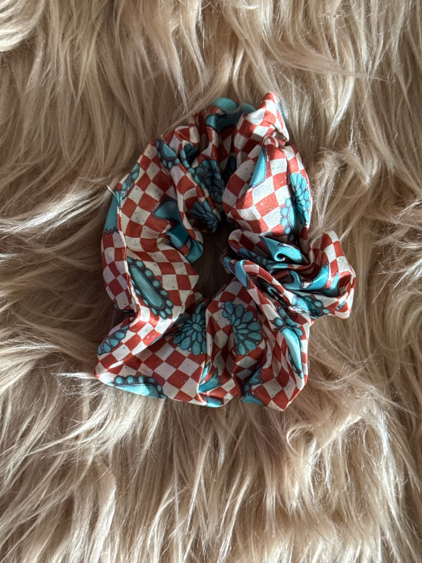 Brown checkered turquoise stone scrunchie