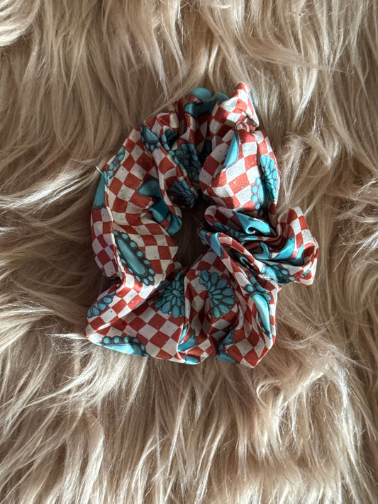 Brown checkered turquoise stone scrunchie