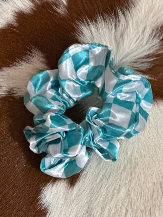 Turquoise checkered scrunchie